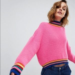 ASOS pink sweater with rainbow trim